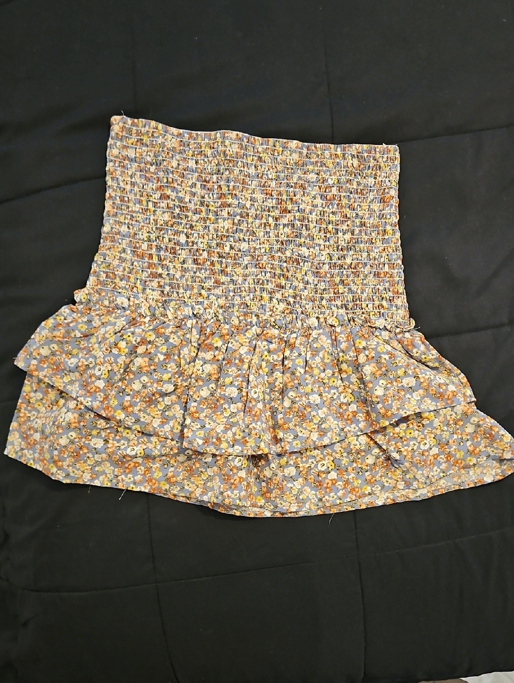 Storia Blue Floral Smocked Ruffle Mini Skirt